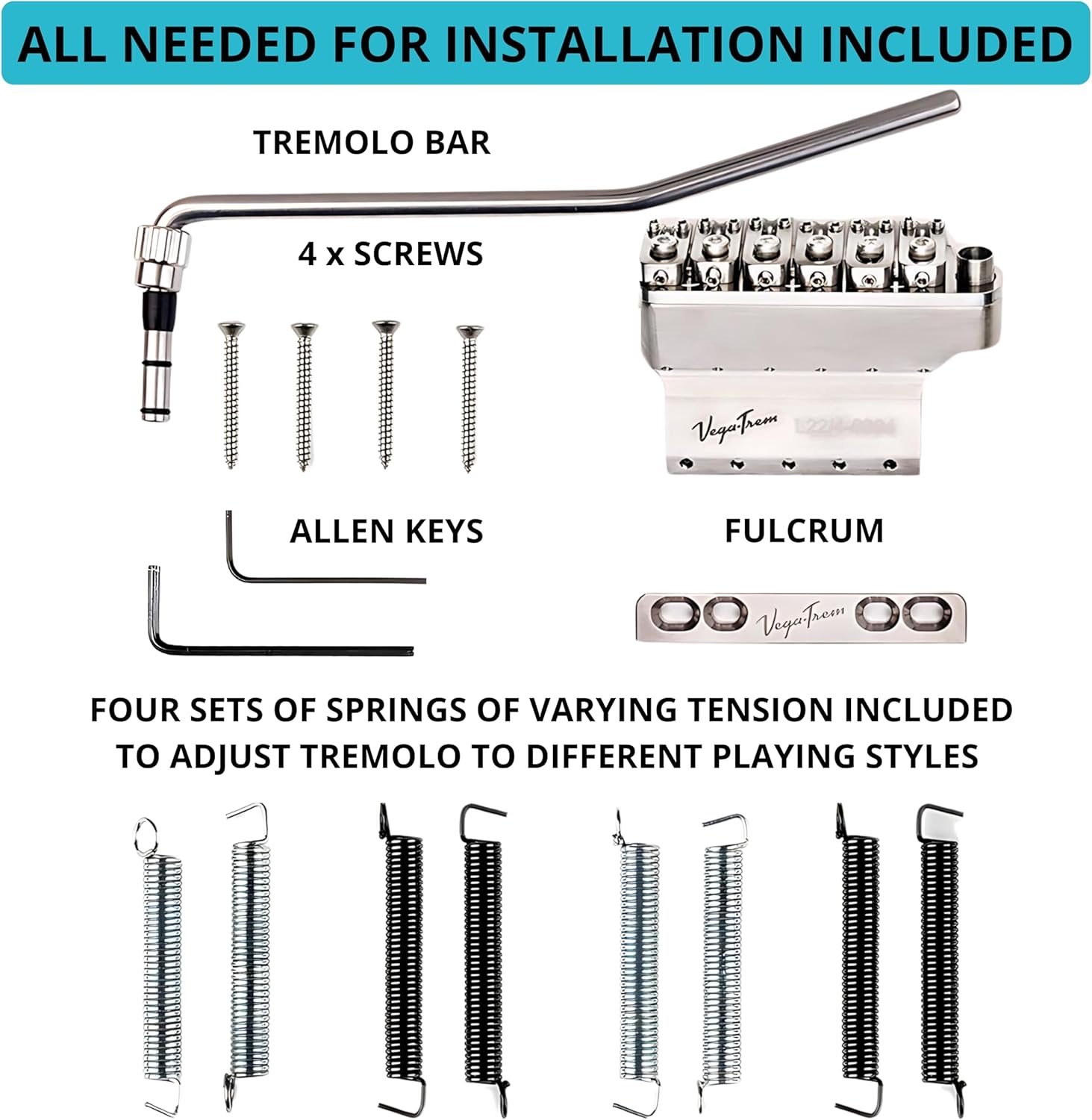 Vega-Trem VT1 Standard 6-Screw Glossy Stratocaster Guitar Tremolo Bridge + Valeton Rushead Max USB Chargable Portable Pocket Guitar Bass Headphone Amp Bundle