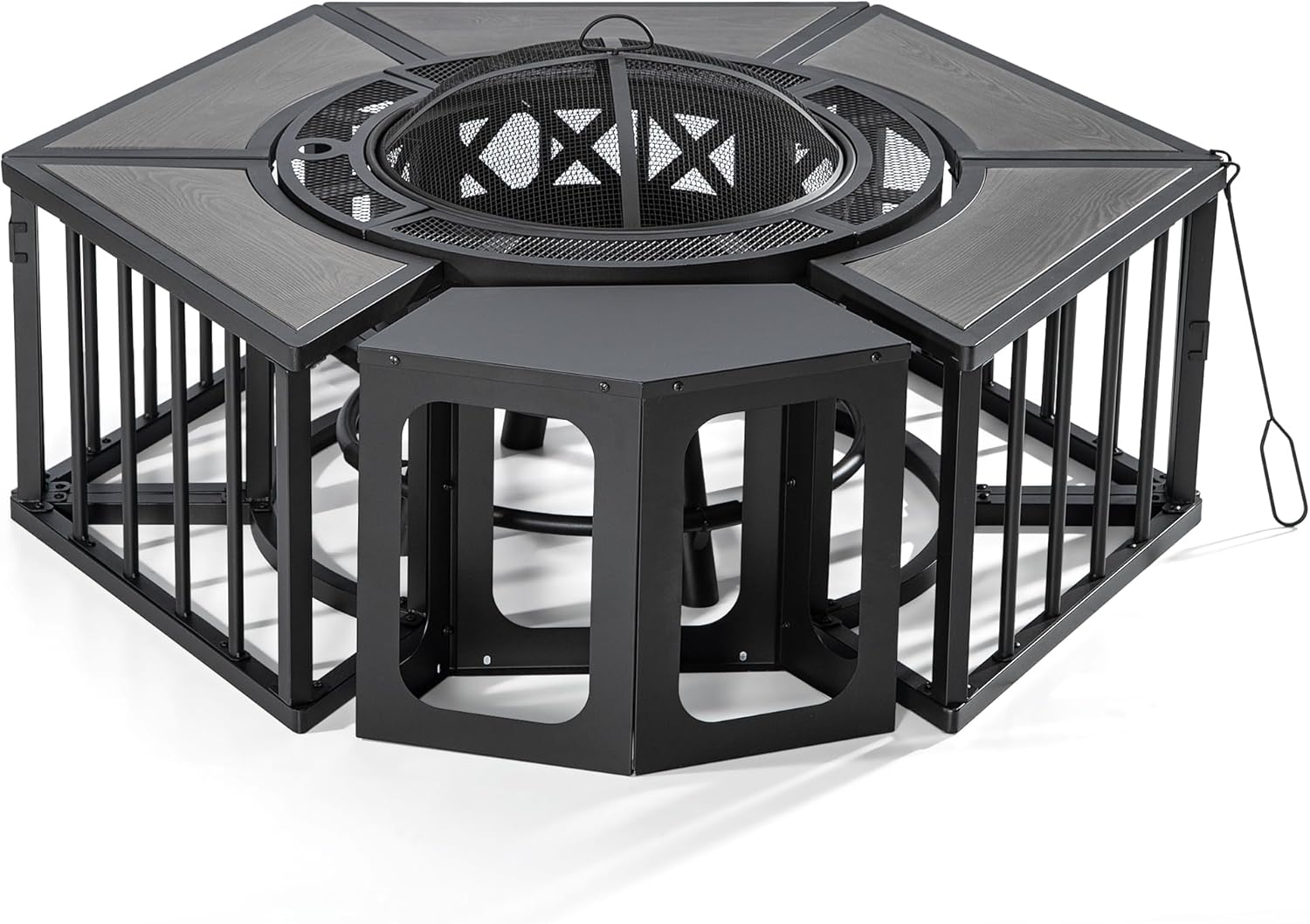 51 Inch Fire Pit with Grill and Wood-Grain Side Tables - Outdoor Wood Burning Fire Pits with Lids, Fire Poker and Metal Side Tables, BBQ Fire Pits for Picnic Party, Grey Wood Grain