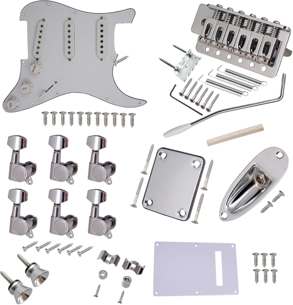 ST Style Electric Guitar Full Set DIY Accessory Kit Including Prewired Pickguard Bridge SSS Pickups and Other Accessories Silver