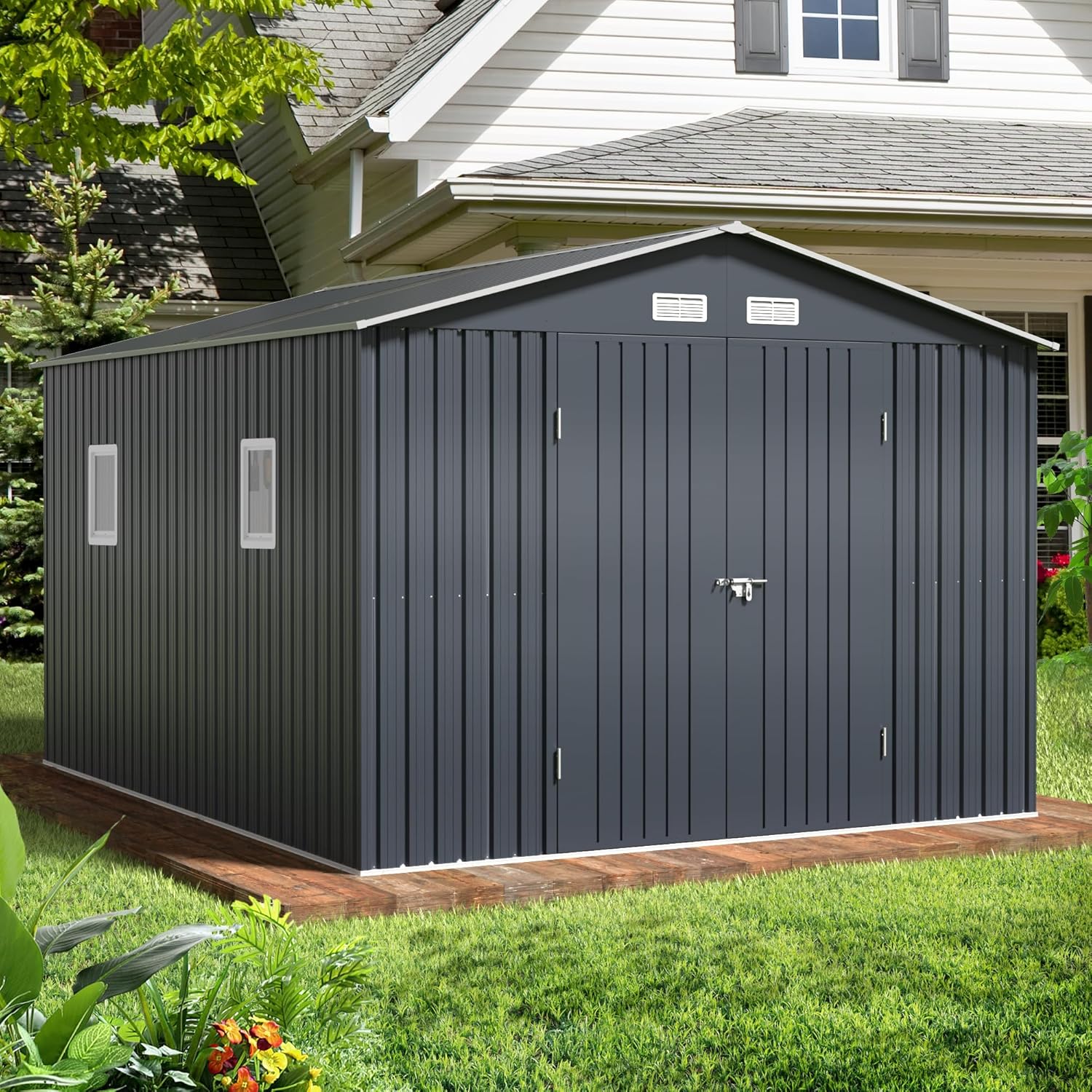 Outdoor Storage Shed 10X12FT with Frame Floor,Utility Tool Shed Metal Storage Garden Shed with Lockable Doors & Windows for Patio Storage, Midnight Blue