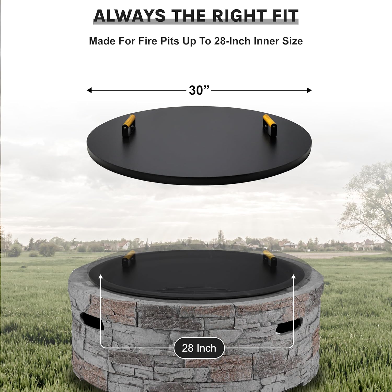 30” Round Fire Pit Lid – Heat Resistant fire Pit Cover Round Metal for Outdoor Fireplace 16 Gauge Steel Flat Fire Pit Burner Pan Cover with 2 Wooden Handles Snuffer Lid for Round Patio FirePit Ring