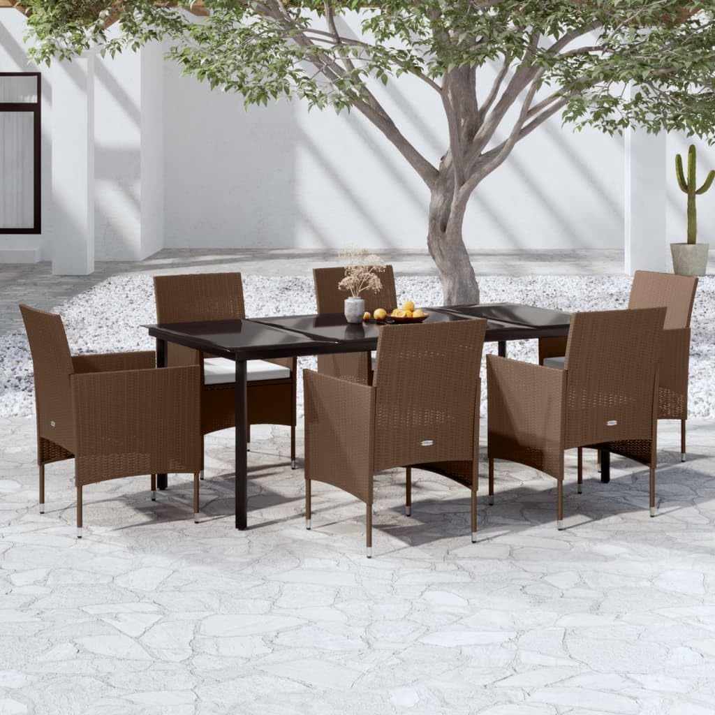 7 Piece Patio Dining Set with Cushions Brown and Black,Stylish Outdoor Dining Set with WeatherResistant Rattan Chairs and Spacious Glass Tabletop for Patio, Garden, and Balcony Patio Furniture Sets, O