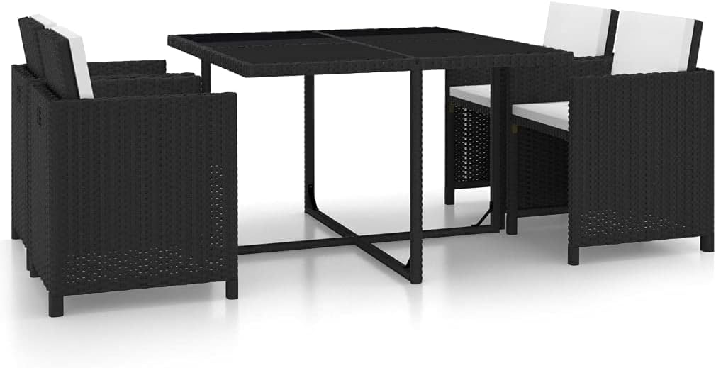 5 Piece Patio Dining Set with Cushions Poly Rattan Black,Elegant Outdoor Dining Set with Poly Rattan and Glass Tabletop Furniture Sets for Patio, Lawn & Garden