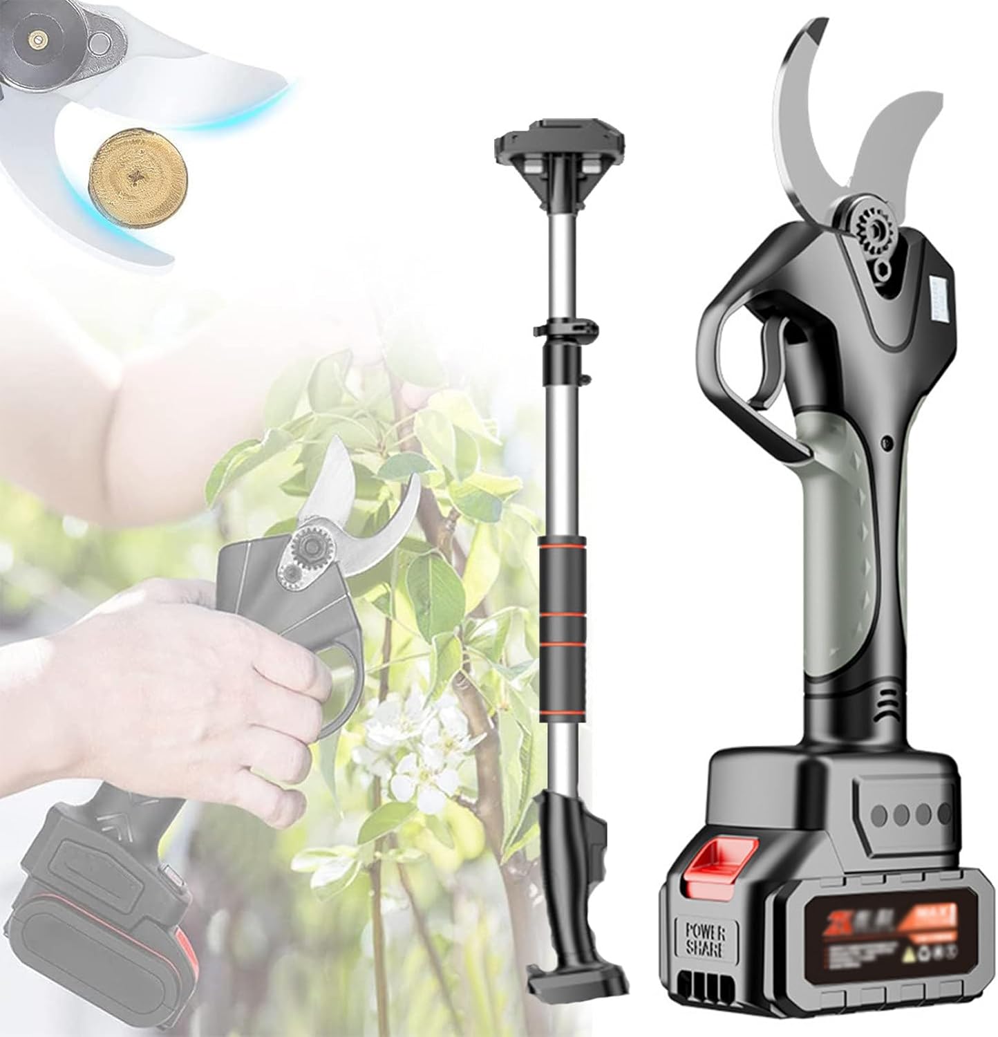 Cordless Electric Pruning Shears - Portable Garden Tree Trimmer with 45mm Blade & Extension Pole, Ideal for Effortless Pruning in Gardens & Orchards