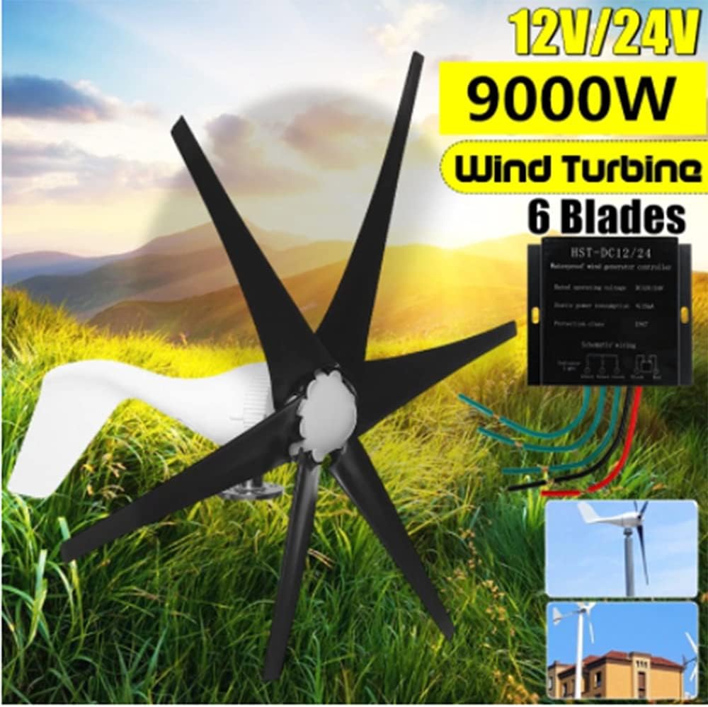 9000W 12V/24V Wind Turbine 6 Blade Horizontal Wind Generator Home Windmill with Charge Controller