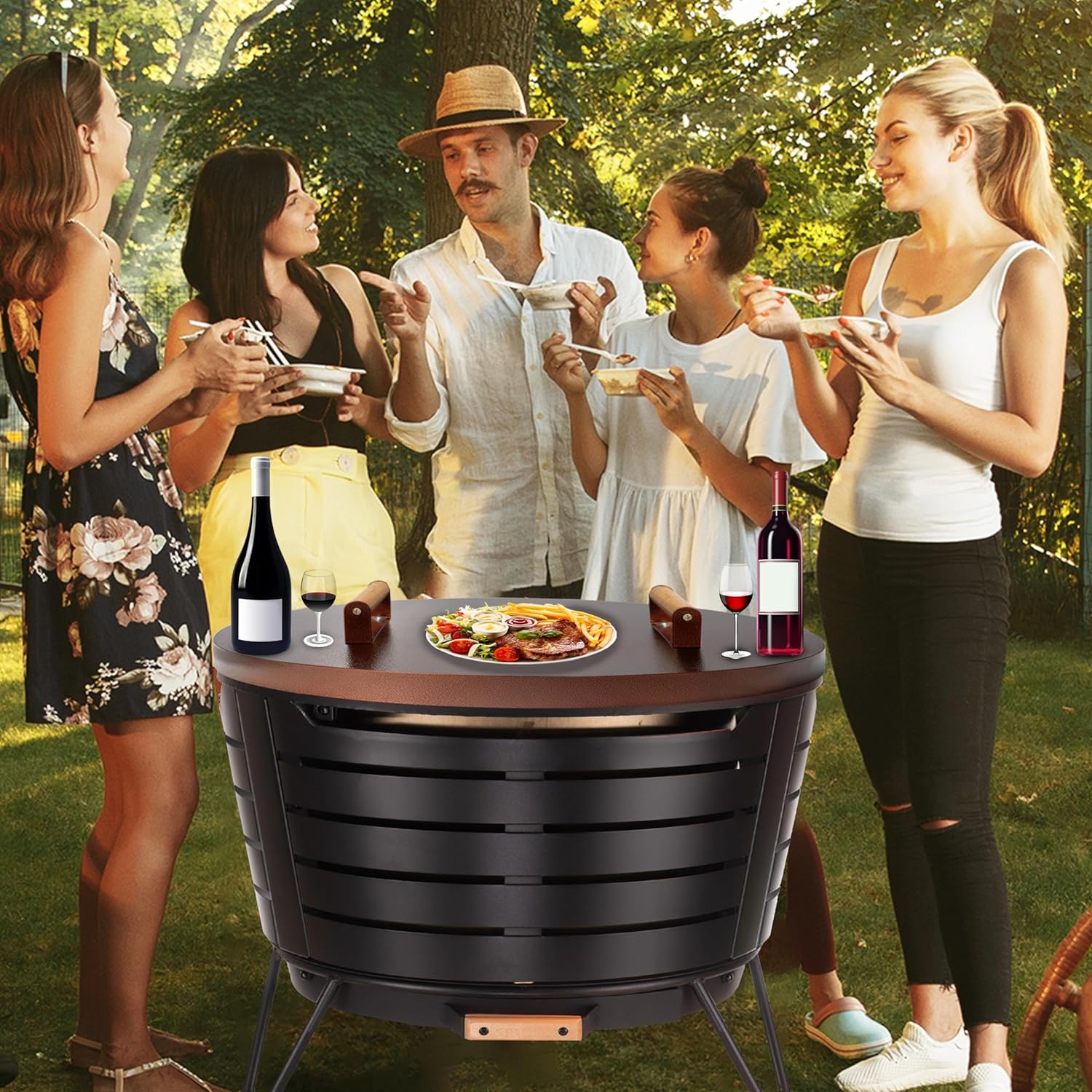 25.5” firepit lid round for inside up to 23” gas fire pit lid for Outdoor Fireplace Cover Lid Steel fire pit metal cover W/ Wooden Handle & Bronze Coated Snuffer Lid for Round Patio Fire Pit Ring