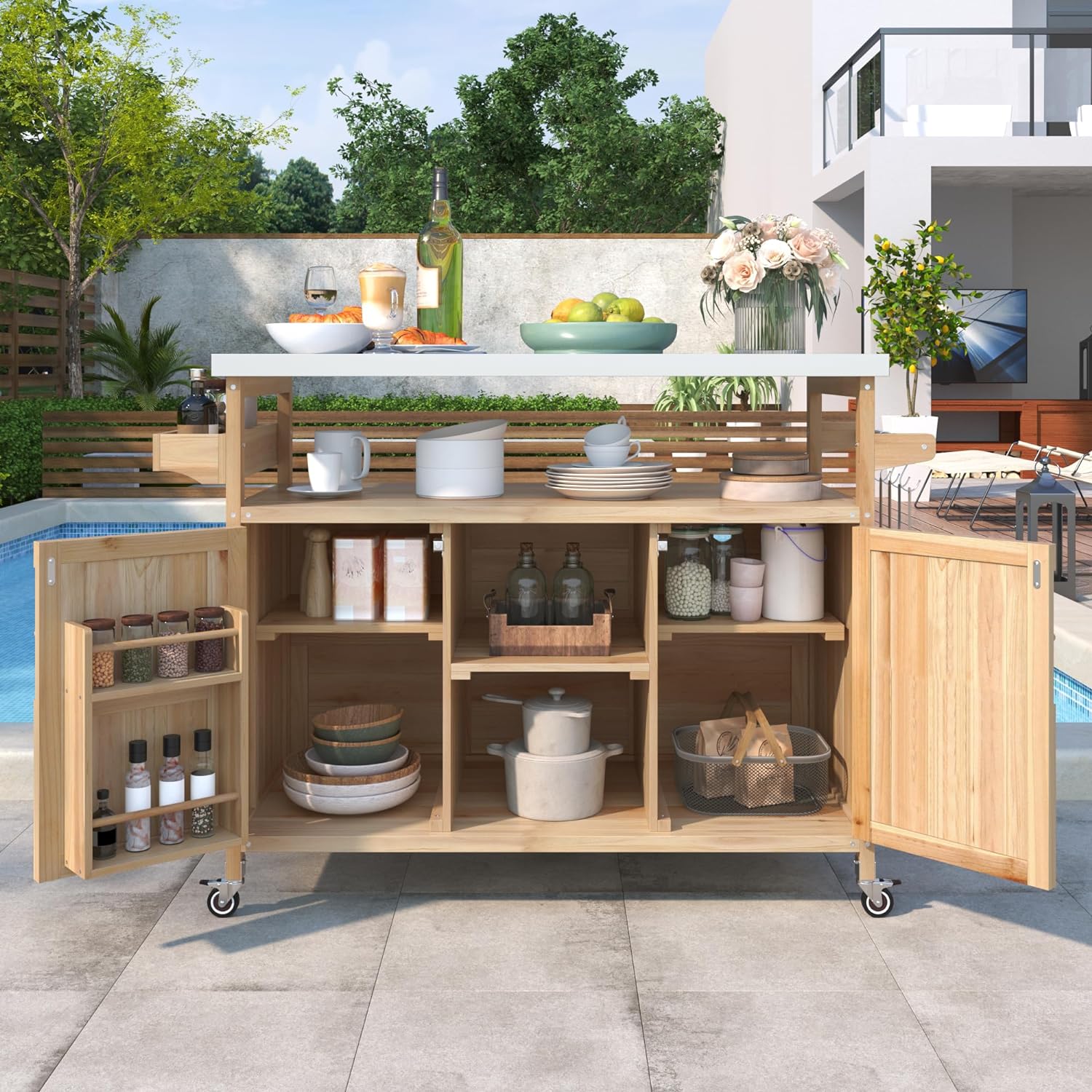 Outdoor Kitchen Island, Rolling Bar Cart & Storage Cabinet, Farmhouse Solid Wood Outdoor Grill Table with Stainless Steel Top, Spice Rack, Towel Rack for Kitchen & BBQ (Natural)