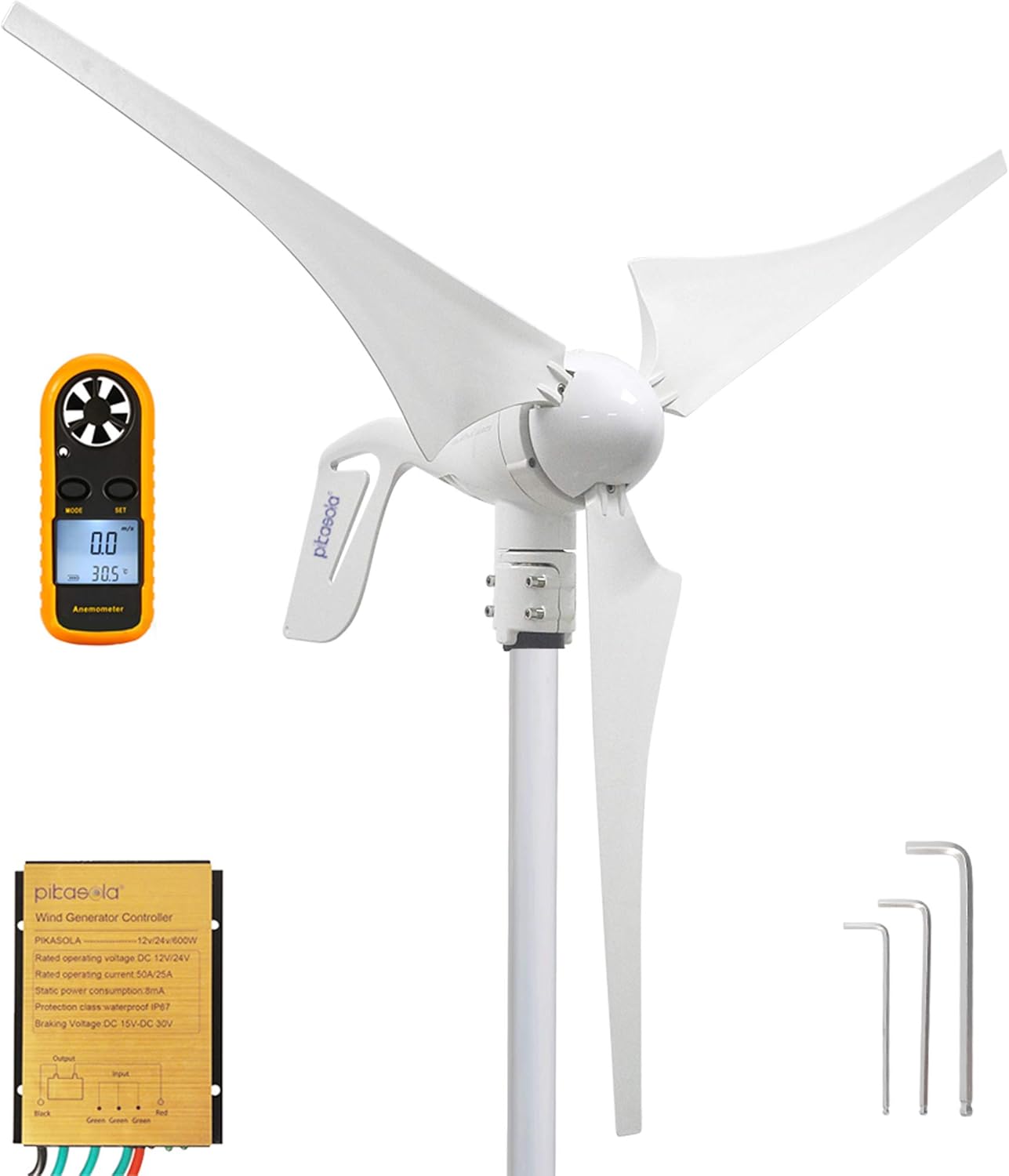 Pikasola Wind Turbine Generator 400W 12V with 3 Blade 2.5m/s Low Wind Speed Starting Wind Turbines with Charge Controller, Windmill for Home