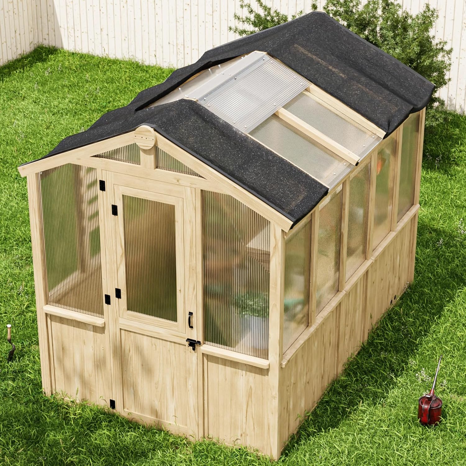 EAGLE PEAK 6.7x9.7x7.7 ft Wood and Polycarbonate Walk-in Greenhouse, Cedar Hobby Green House with 2 Roof Vents, Natural
