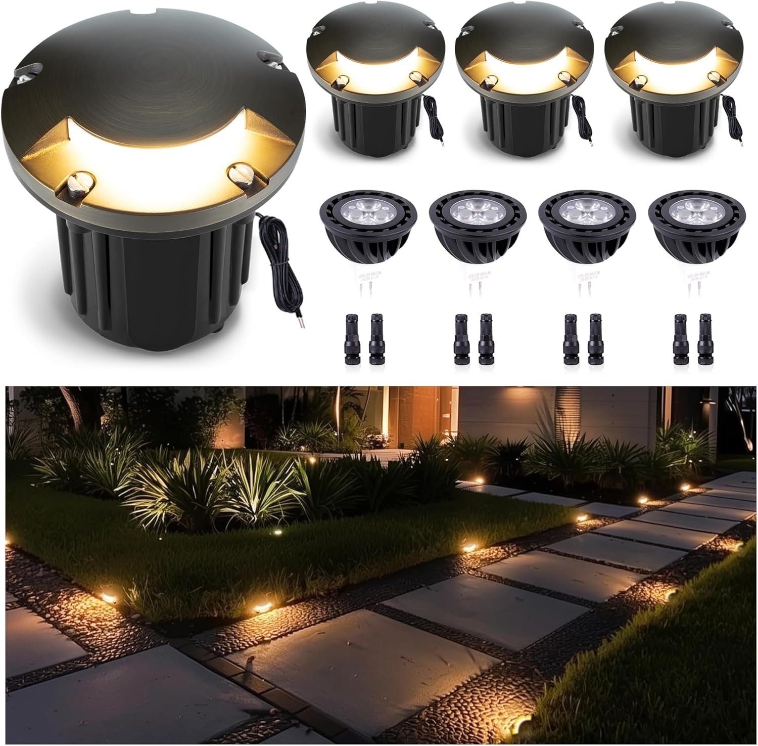 Gardenreet Outdoor Low Voltage Well Lights - Brass Low Voltage 12V Replaceable Bulb In-Ground Lighting, LED Turret Top Fixture, Antique Bronze for Patio Backyard House with 2700K Warm White MR16 Bulb