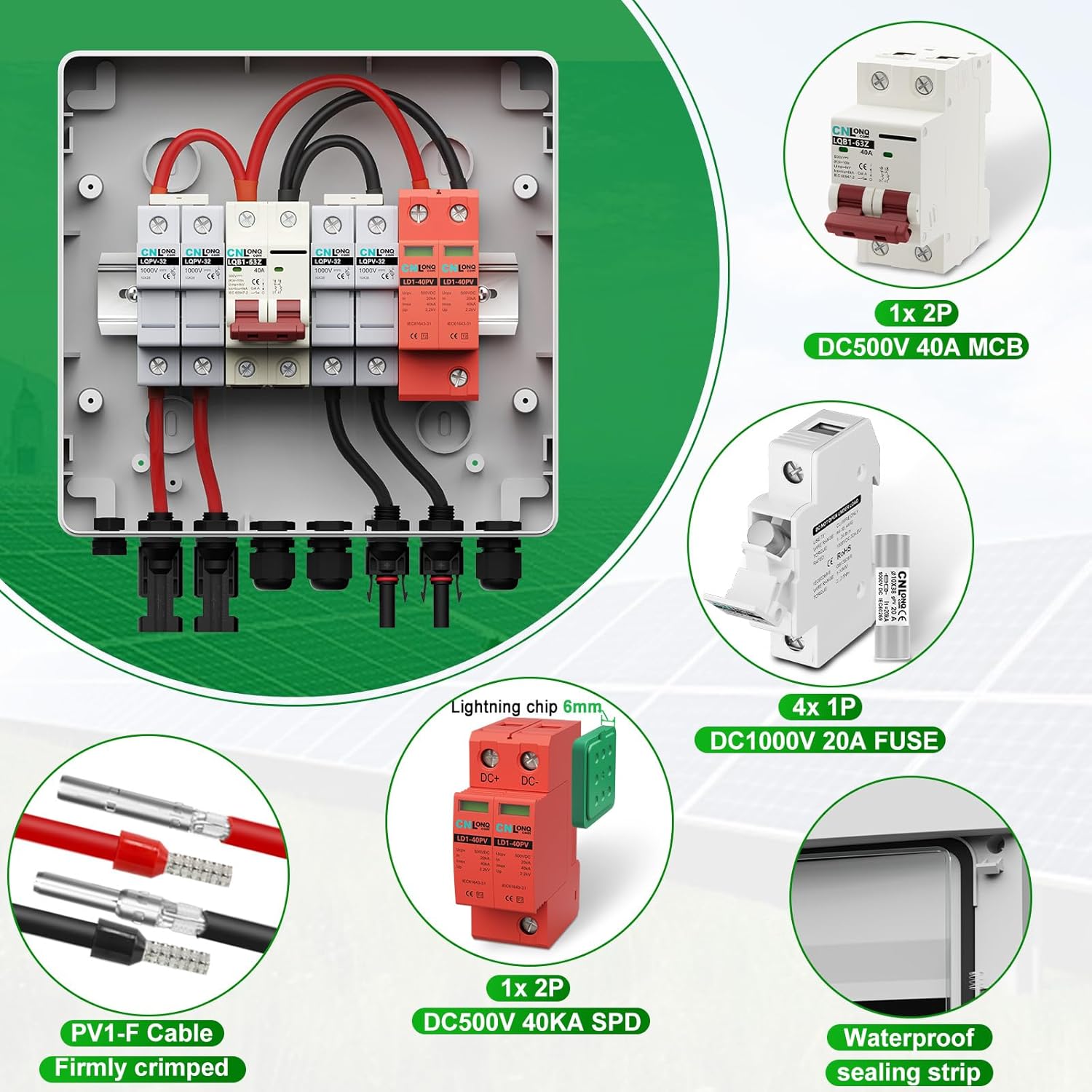 2 String Solar PV Combiner Box IP65 2 in 1 Out DC500V 40A Circuit Breaker & 10pcs Fuse Link 15A 1000V DC with Surge Protector and 20A PV Fuse,Solar Disconnect Switch Outdoor Waterproof for Solar Panel