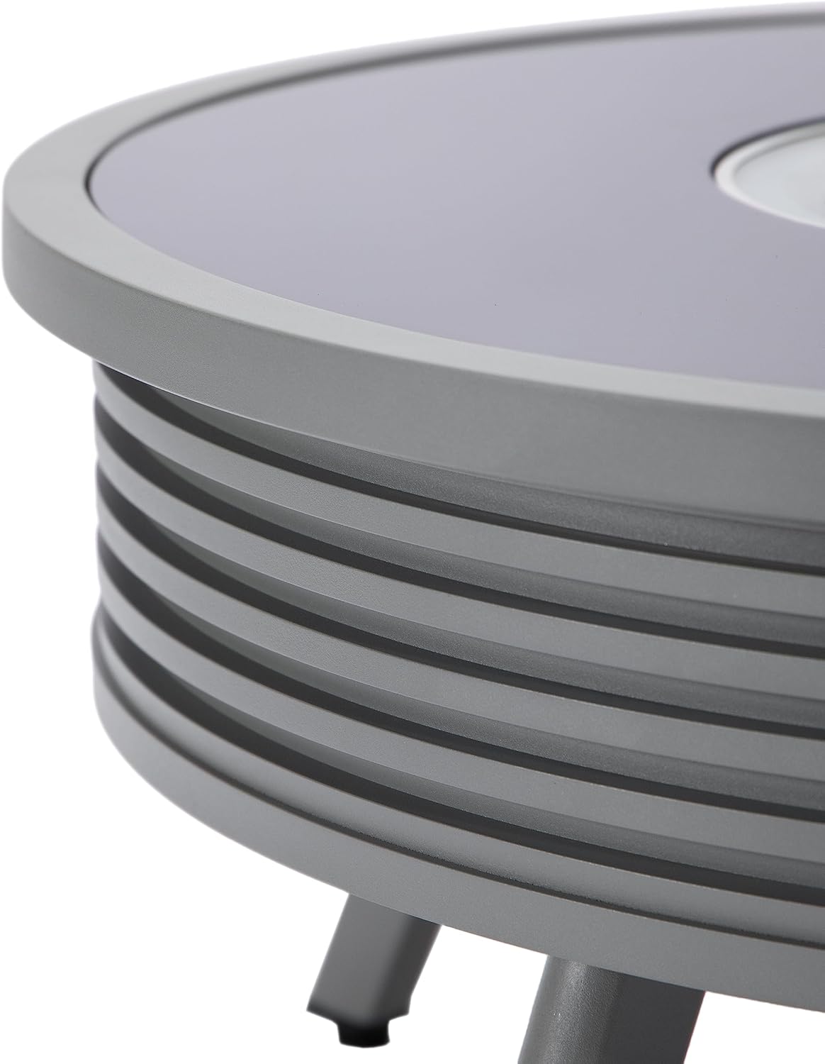 LeisureMod Walbrooke Modern Outdoor Round Fire Pit Table with Powder-Coated Aluminum Frame and Slats Design for Patio and Backyard Garden, Grey