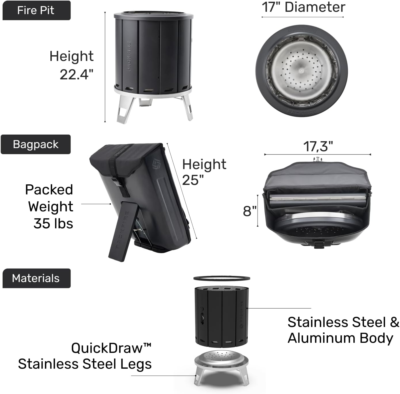 Portable Camping Fire Pit - Packable Fold-Flat Design, Smokeless Burn, Stainless Steel & Aluminum, Includes Backpack, Ideal for Outdoor & RV Adventures