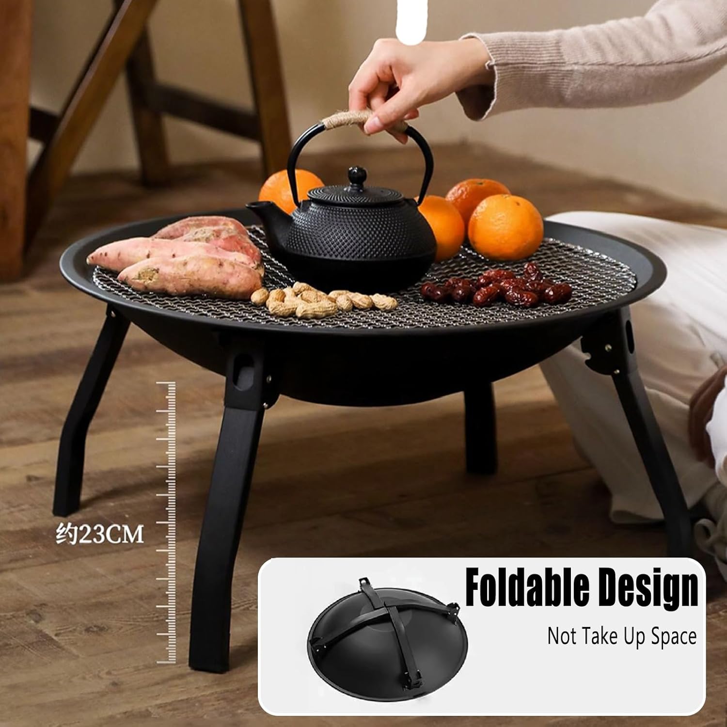 TemkIN Wood Burning Fire Pits for Outside, Folding Metal Fire Pit Table with Cover & Rain Cover, Cooking BBQ Grill, for Camping Picnic Cooking BBQ, Black