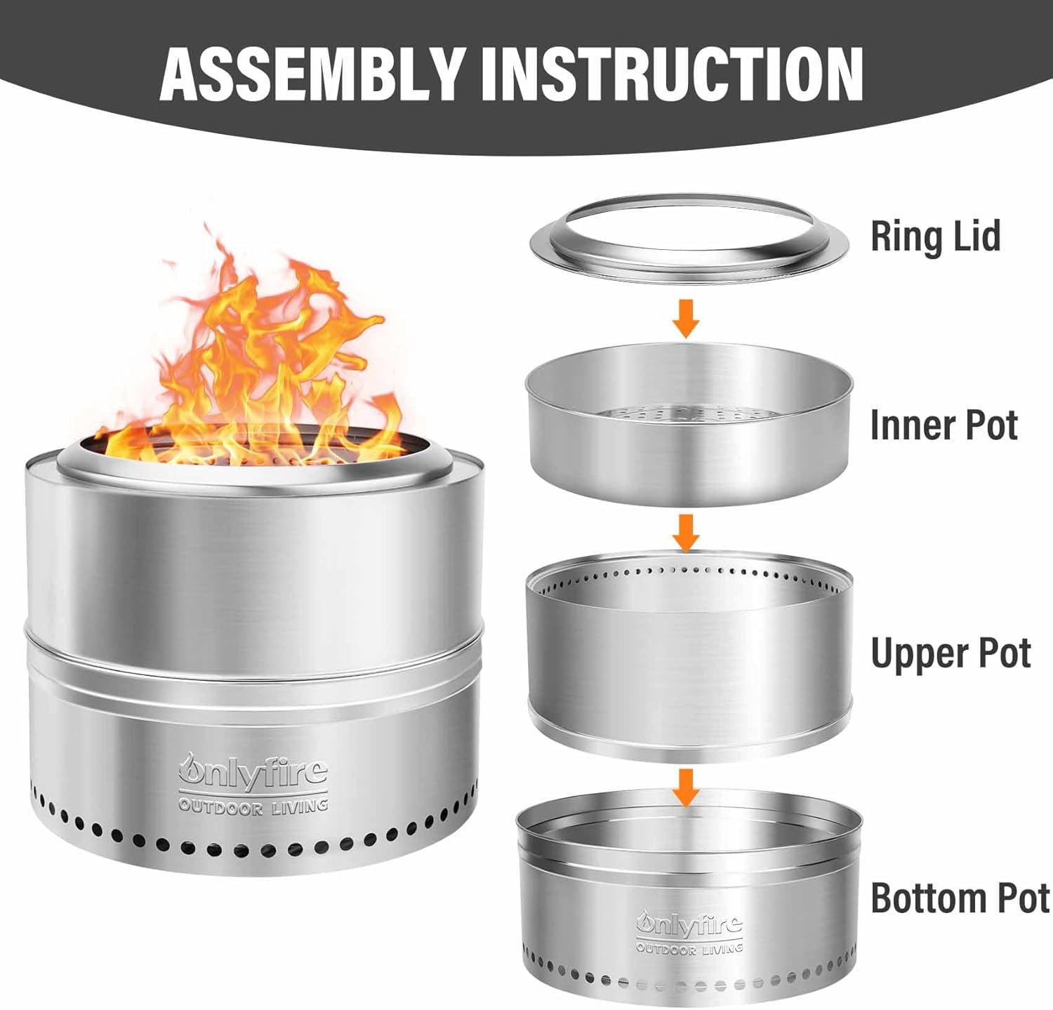 ONLYFIRE OUTDOOR LIVING Wood Burning Fire Pit with Carrying Bag, 19.5” Detachable Portable Firepit for Camping Tailgating Patio Backyard Bonfire, Smokeless Fireplace, Stainless Steel FP036