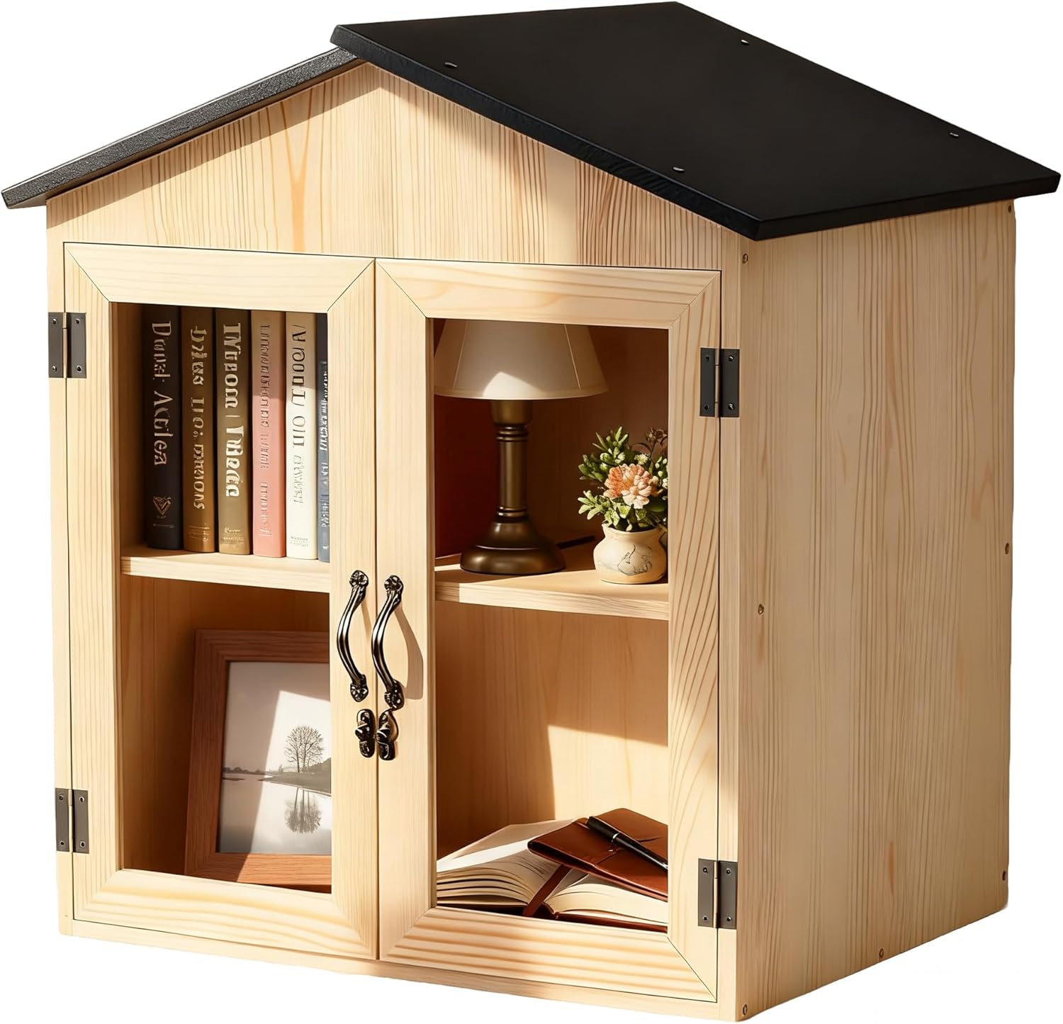 Little Library Box Outdoor Wooden Outside Library Book Box Literature Exchange Boxes Book Storage for DIY, Neighborhoods Community and Schools Sharing Literature and Newspapers (Wood Double Doors)
