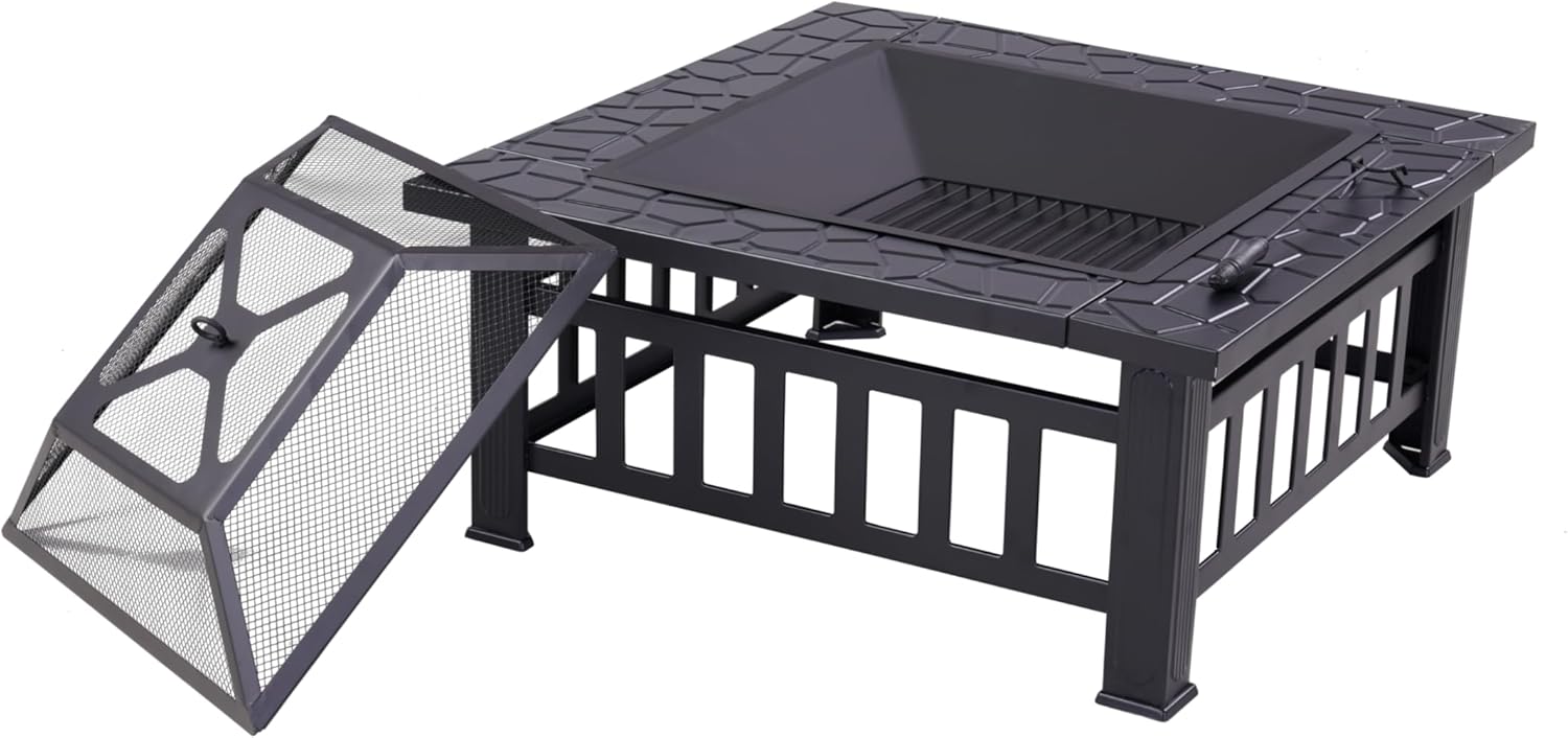 Outdoor Fire Pit Table 32 Inch, Square Backyard Patio Firepit Table, Black Steel Construction with Protective Cover, Multi-Functional BBQ Grill and Ice Bucket, Ideal for 4-8 People