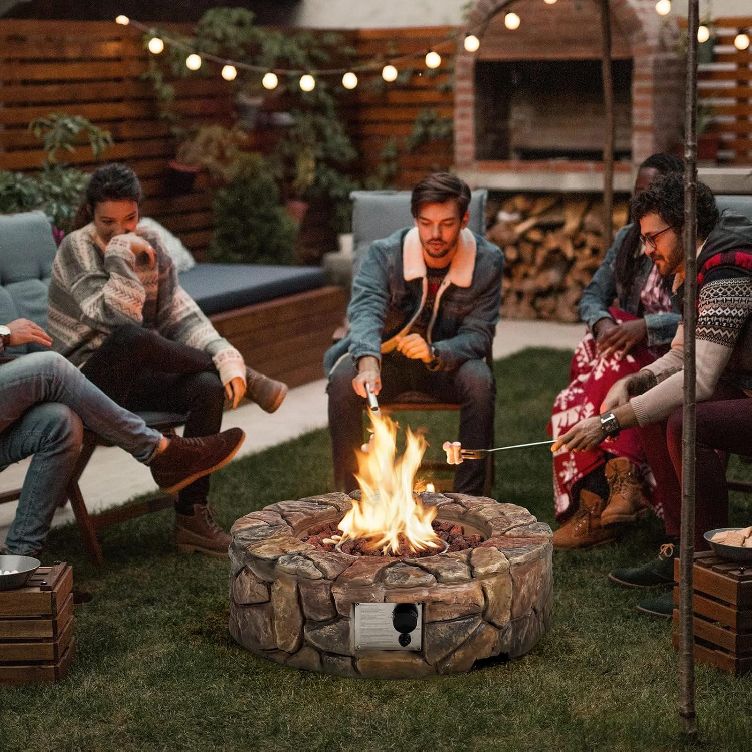 DORTALA Round Propane Outdoor Fire Pit, 28 Inch 40,000 BTU Stone Propane Fire Pit w/Lava Rocks, PVC Cover, ETL Certified, Smokeless Gas Fire Pits for Outside Patio Garden Camping Backyard (Brown)