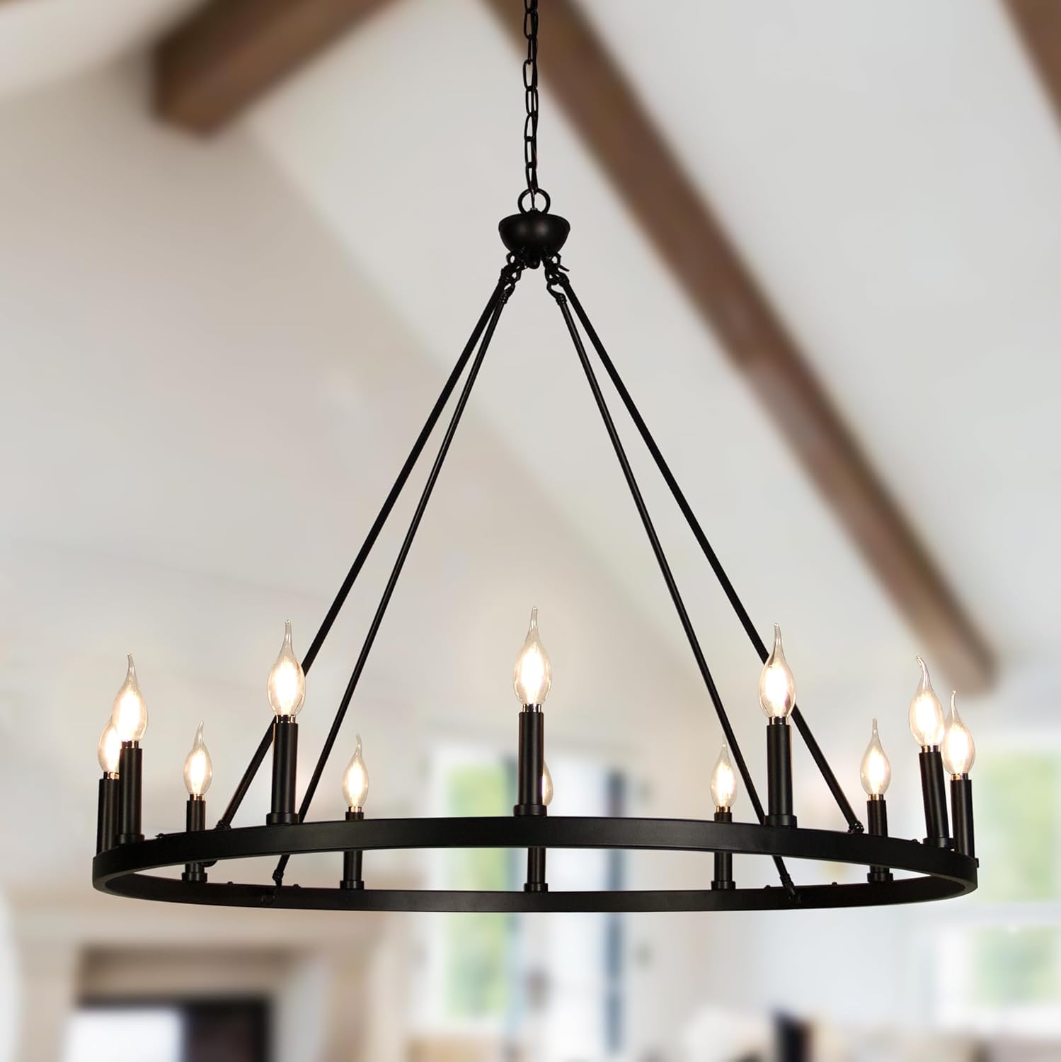 12-Light Candle Style Black Wagon Wheel Chandelier, Retro Farmhouse Country Style Industrial Large Round Pendant Light Fixture for Living Room, Dining Room, Foyer, Entryway