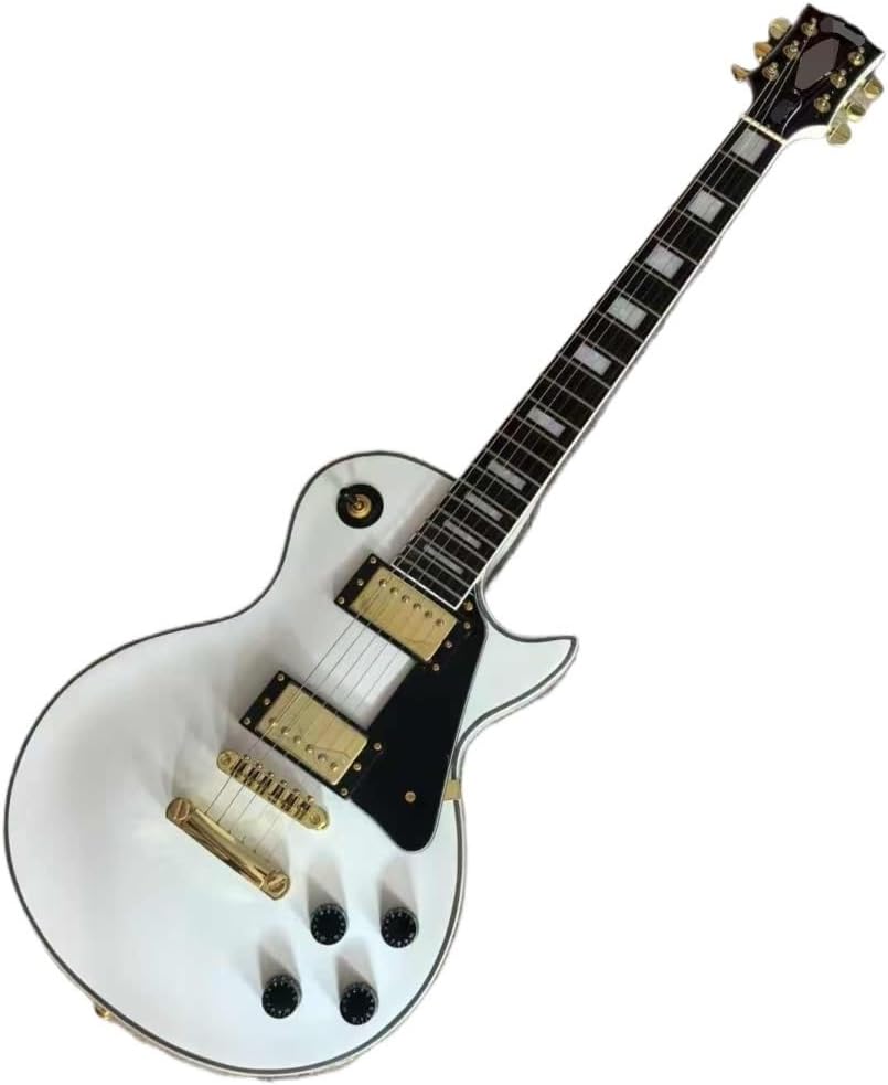 Beginner 6-String Electric Guitar Classic Single-Cutaway Body Solid Wood White Finish Gold Plated Hardware