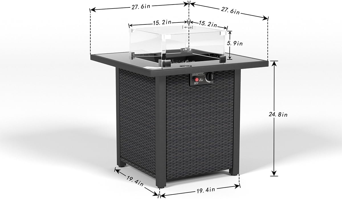 28 Inch Propane Fire Pit Table, Rattan Wicker Look, 50000 BTU Gas Firepits Tempered Glass Tabletop with Glass Windscreen Protector for Outside Patio and Garden(Coffee)