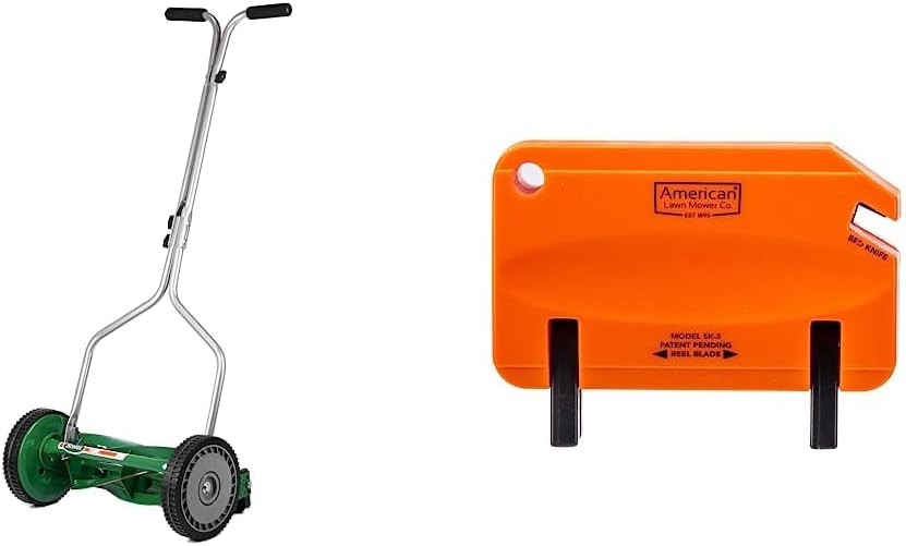 Scotts Outdoor Power Tools 304-14S 14-Inch 5-Blade Push Reel Lawn Mower, Green & American Lawn Mower Co. SK-2 Reel Lawn Mower Hand Sharpener, Orange