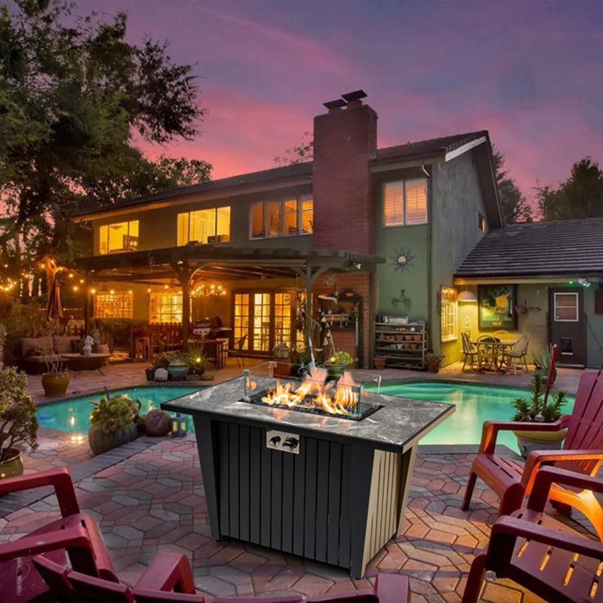 42'' Fire Pit Table with Natural Gas Conversion Kit, Marble Tile Ceramic Tabletop with Glass Wind Guard, Inclined Leg and Art Powder Design, Blue Glass Rocks, Including Lid&Cover