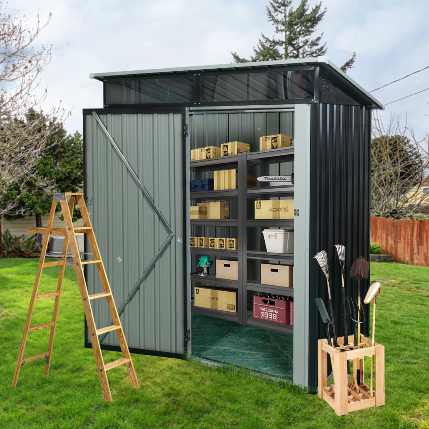 5ft x 3ft Outdoor Metal Storage Shed with Transparent Roof, Galvanized Steel Garden Shed for Easy DIY Assembly, Weather-Resistant Tool Shed (Black)