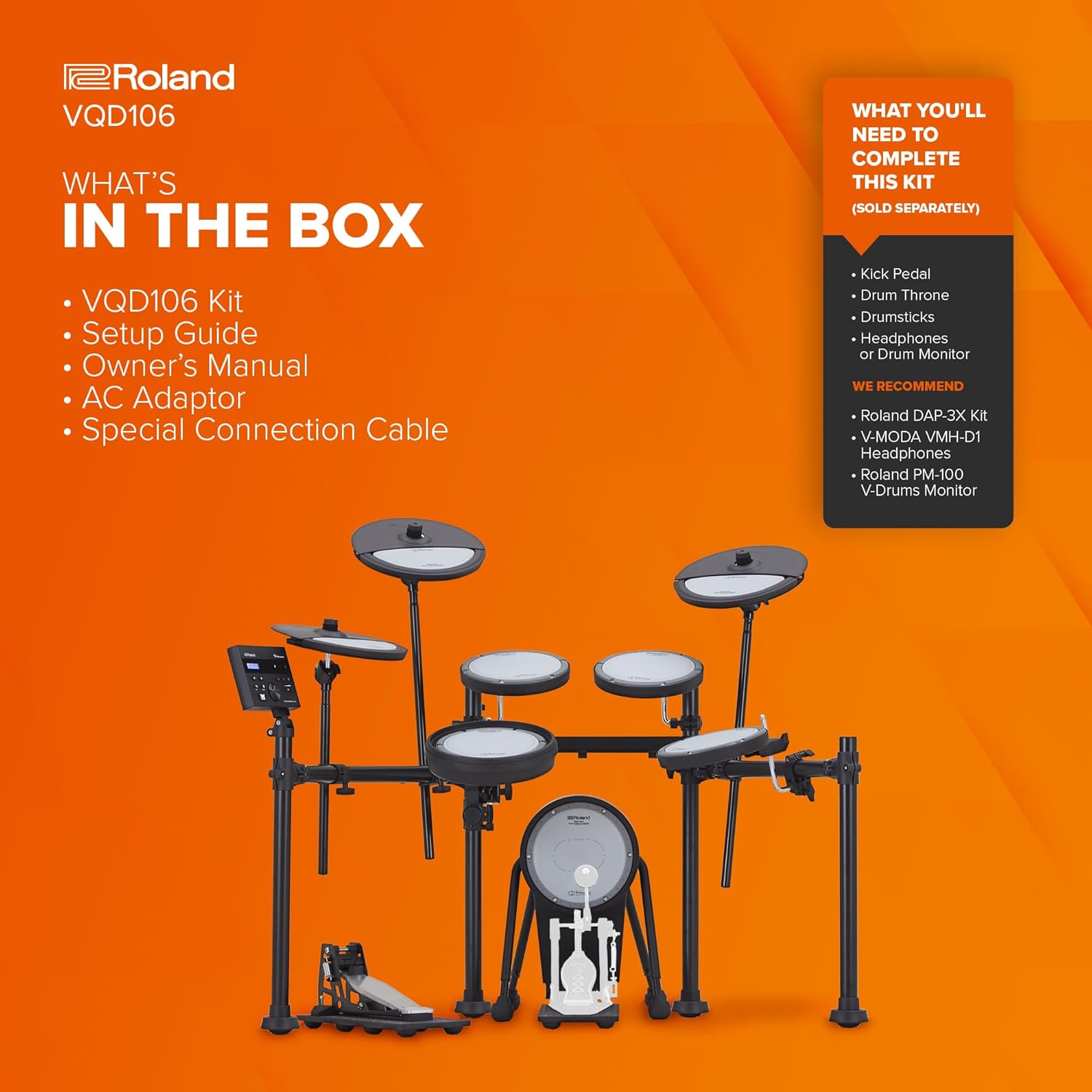 Roland VQD106 V-Drums | Revolutionary 5-Piece Electronic Quiet Design Drum Kit | Perfect for Home Practice | Up To 75% Noise Reduced Pads | TD-07 Sound Module | Bluetooth Connectivity