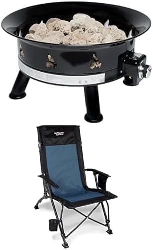Outland Living Firebowl 883 Mega Outdoor Propane Gas Fire Pit with UV and Weather Resistant Durable Cover, 24-Inch Diameter 58,000 BTU + Bella Coola Camp Chair - Ultimate Comfort with Built-in Storage