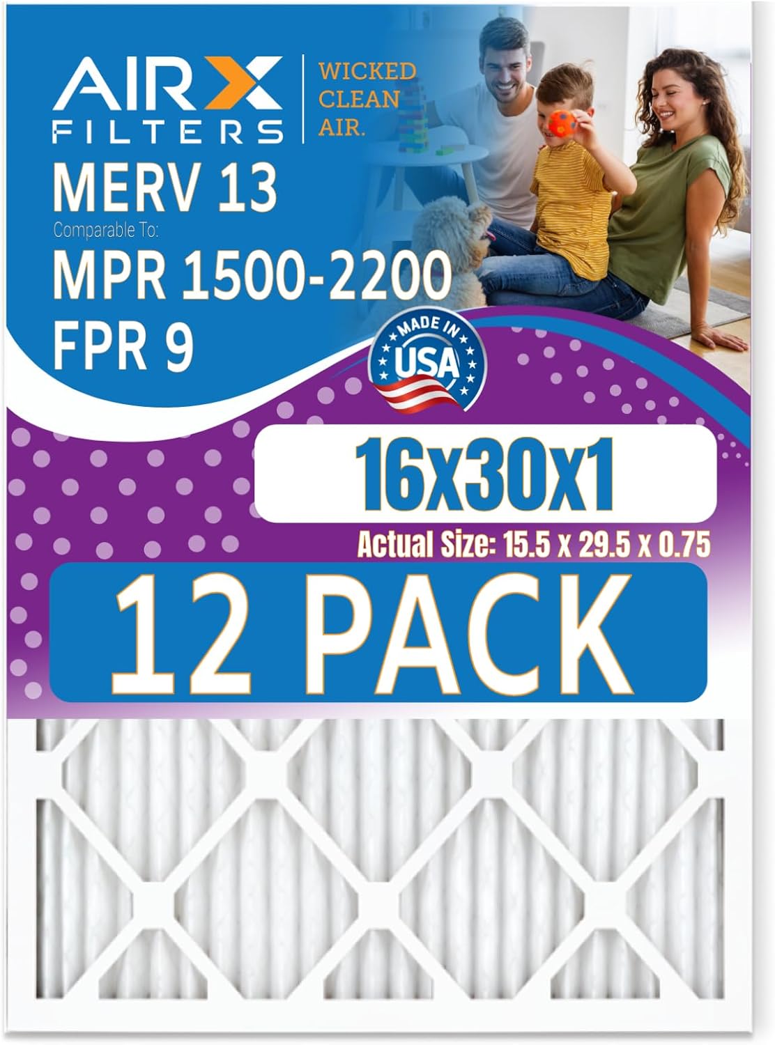 16x30x1 Air Filter MERV 13 Rating, 12 Pack of Furnace Filters Comparable to MPR 1500-2200 & FPR 9 - Made in USA by AIRX FILTERS WICKED CLEAN AIR.