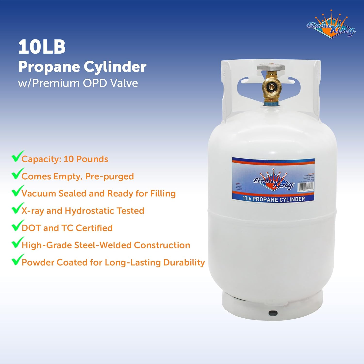 Flame King 10LB Steel Propane Tank Cylinder with Type 1 Overflow Protection Device Valve, Great for Camping, Fire Pits, Heaters, Grills, Overlanding, White