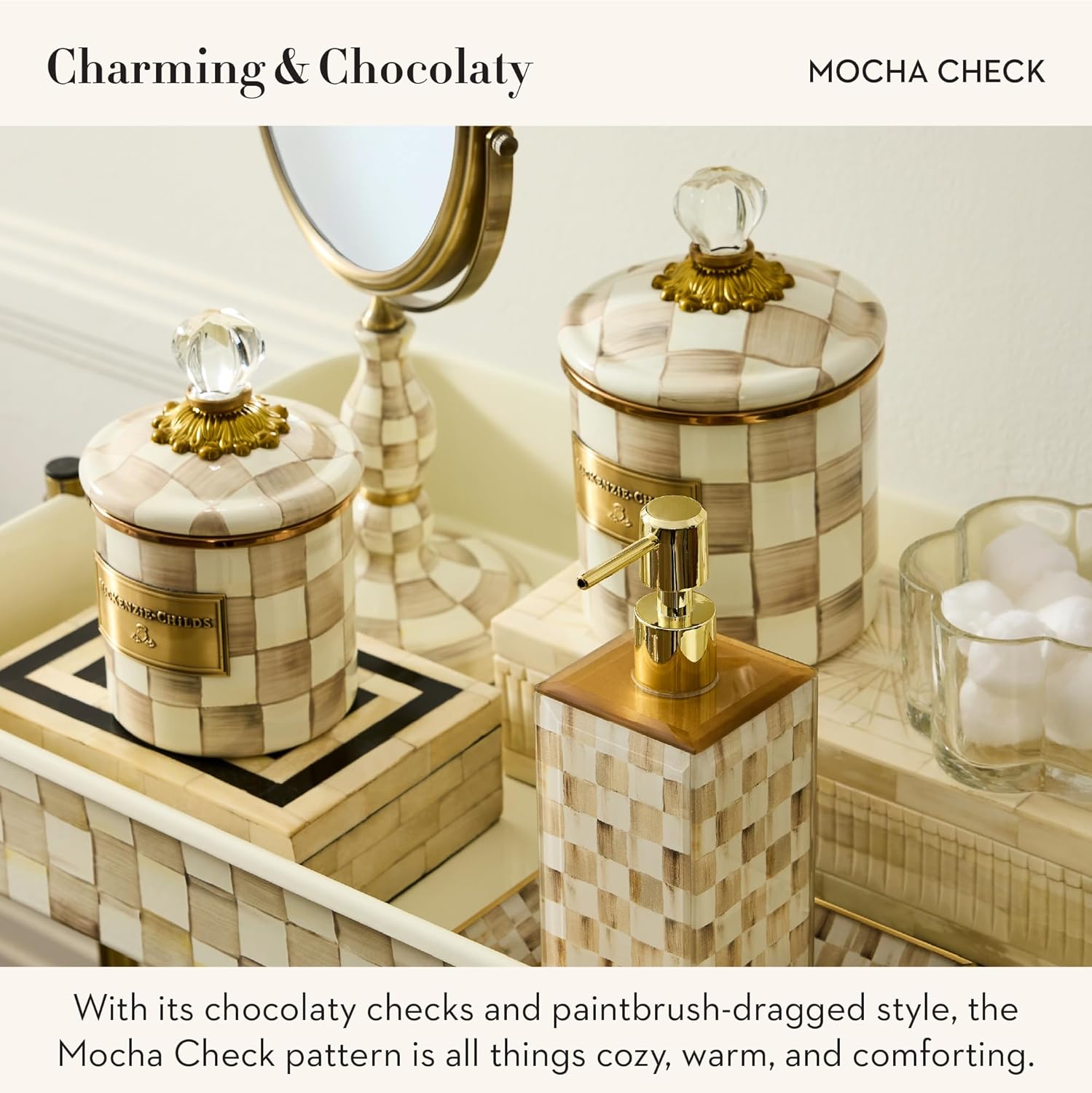 MACKENZIE-CHILDS Glass Tissue-Box Cover, Boutique Bathroom Decor, Brown-and-White Mocha Check