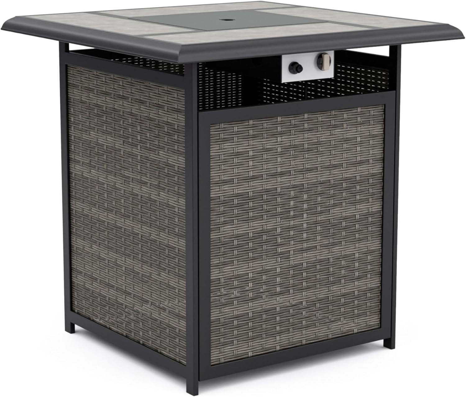 Greemotion USA Arosa Outdoor Bistro Set 3-Piece Bar Height Fire Pit Brown Wicker Rattan with Swivel Chairs and 50000 BTU Gas Firepit Table Flame Box Backyard Garden Patio, Gray and Black