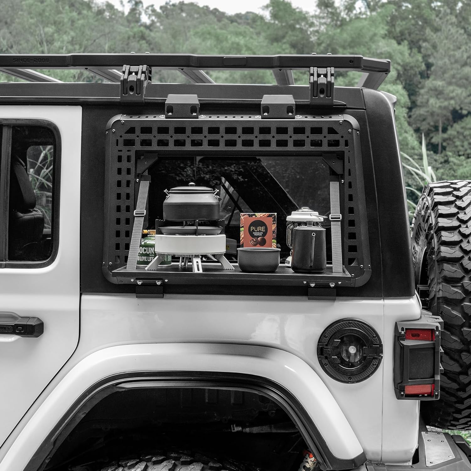 Rear Window Molle Panel with Fold-Down Table - Tactical Modular Rear Window Storage Panels for 2018-2025 Jeep Wrangler JL Off Road Camping Accessories (Driver Side)