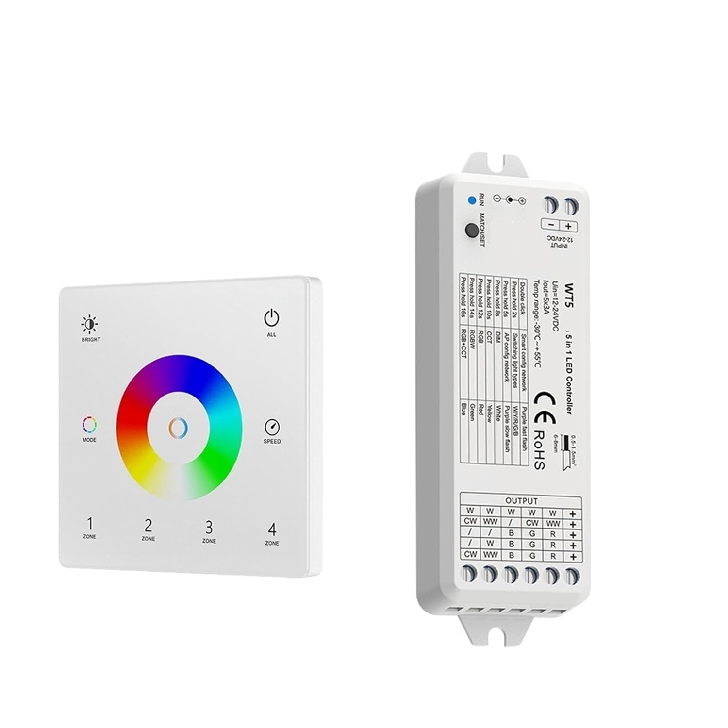 5 in 1 LED Controller Kit Glass Wall Mount Touch Panel RCT LED Dimming Control DC 12V 24V Dimmer(WT5 and TW5-4(W) KIT)
