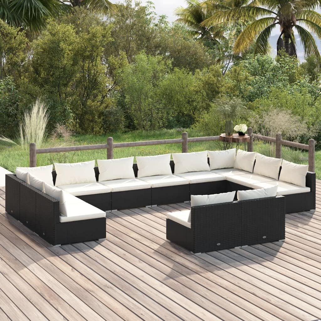 12-Piece Garden Lounge Set, Black Synthetic Rattan Patio Furniture Set, Modular Outdoor Table and Chairs, Weather-Resistant, for Balcony, Terrace