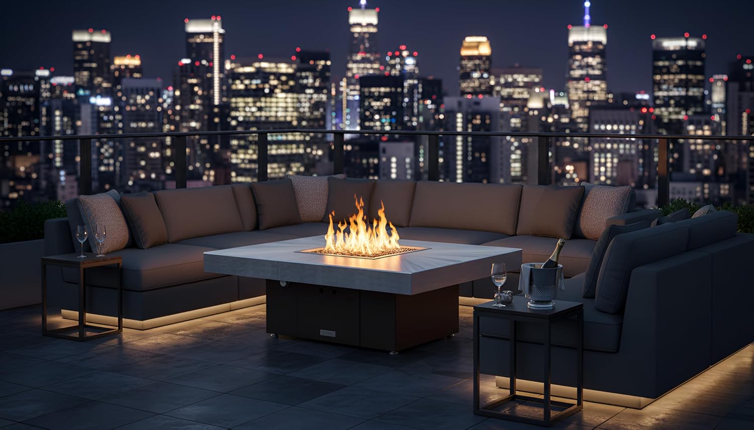 COOKE Santa Barbara Rectangular Fire Pit Table - 48 x 36 - Propane - Brushed Aluminum Top - Dark Cherry Powdercoat Base