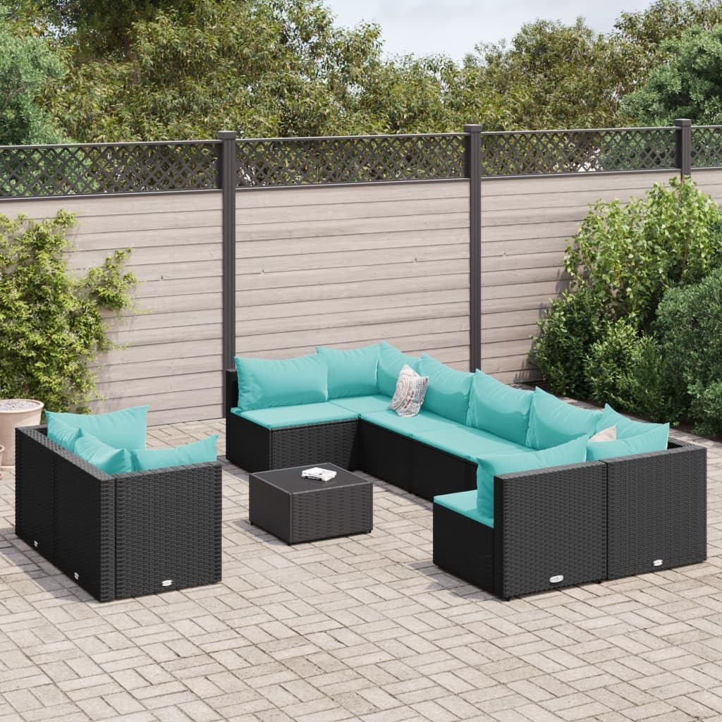 Furniture Sets 10 Piece Patio Sofa Set with Cushions Black Poly Rattan,Modern Outdoor Patio Sofa Set with Comfortable Cushions for Relaxation and Entertainment Garden Conversation Sets
