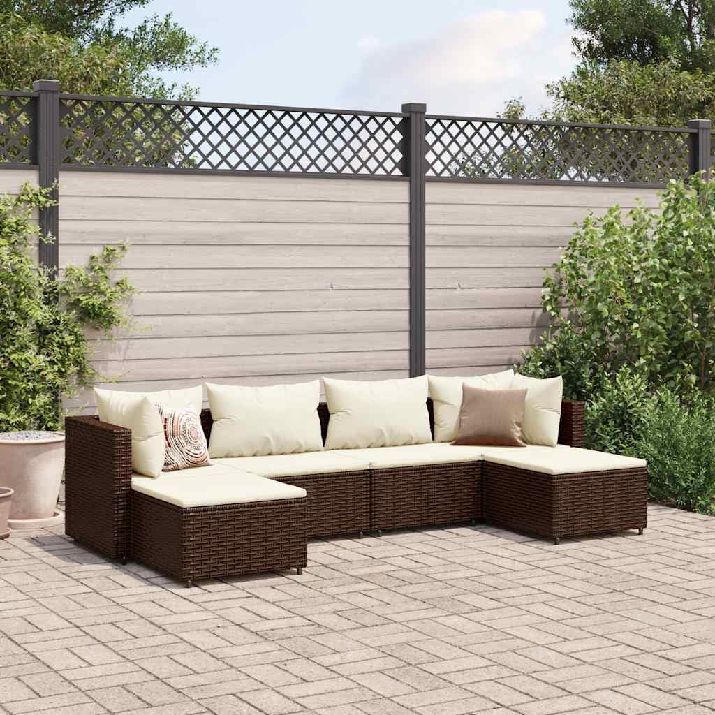 6 Piece Patio Lounge Set with Cushions Brown Poly Rattan Garden Furniture