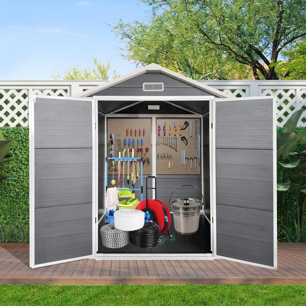 6x6 FT Outdoor Storage Shed with Floor, Lockable Door, Window & Vents, Waterproof UV-Resistant Plastic Garden Tool Shed for Backyard Patio Lawn, Grey
