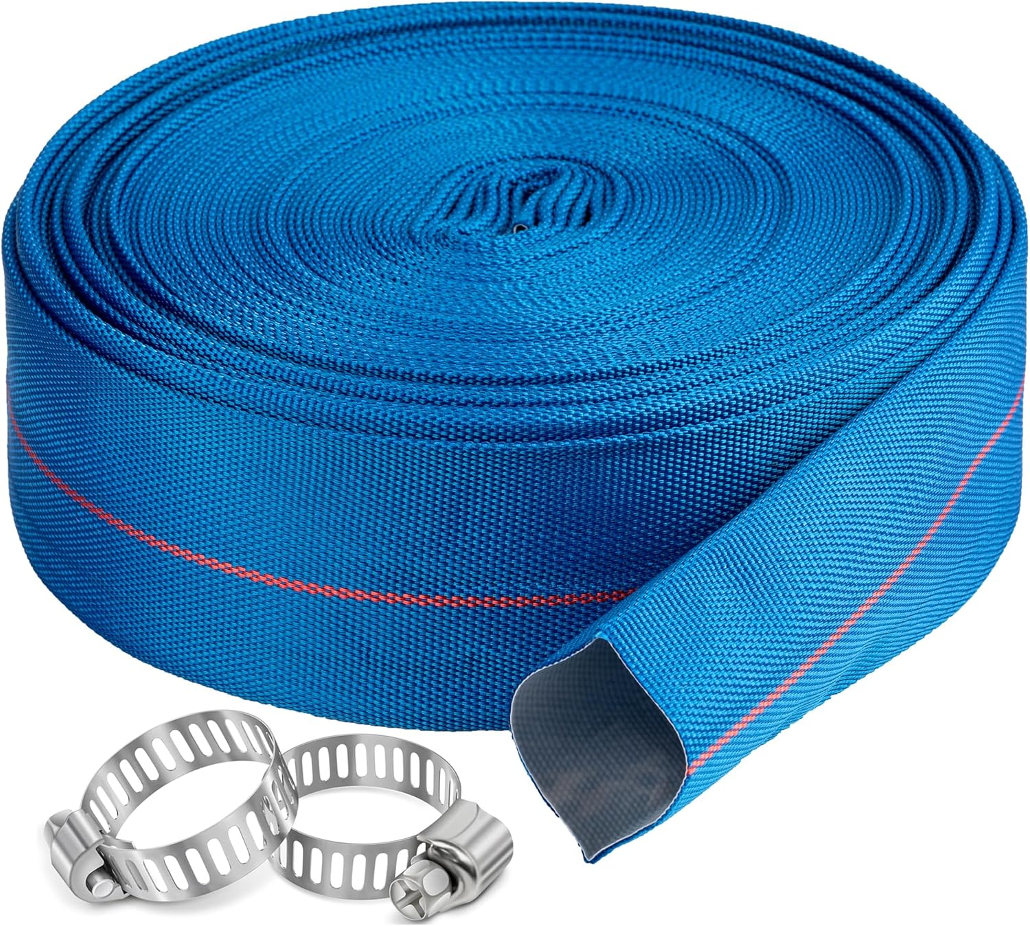 Pool Backwash Hose 4” × 100 ft Heavy Duty PVC Water Discharge Pipe Flexible Reinforced Pump Drain Hose, 4 in Diameter & 6.3 inch Width Lay Flat, with 2 Clamps (4in-100ft)