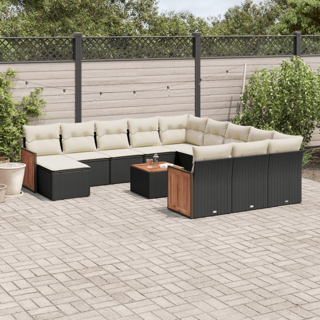 Modular Garden Sofa Set Black PE Rattan, Large Outdoor Patio Furniture with Adjustable Feet, Cream Cushions, Weather Resistant, for Backyard Terrace