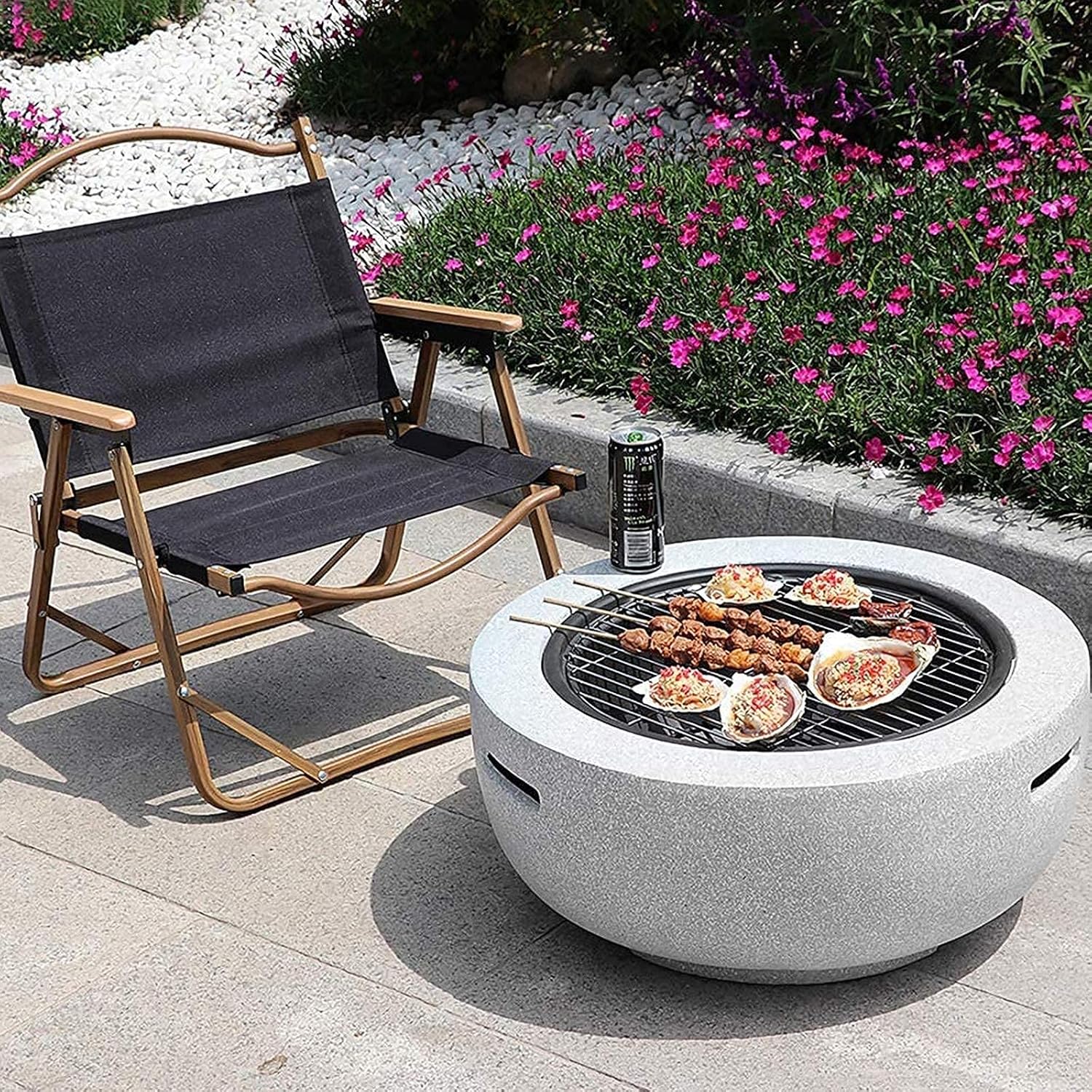 Outdoor Fire Pit, Concrete Round Firepit Charcoal and Wood Burning Firepit Bowl Bonfire with Spark Screen, Grate, and BBQ Grill, for Outdoor Patio Garden Backyard Decking