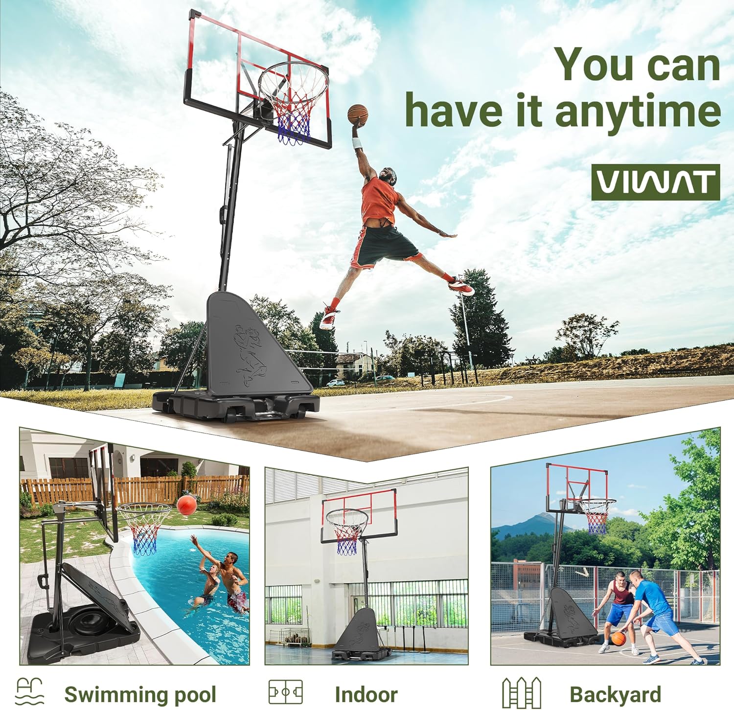 VIWAT Basketball Hoop Outdoor 4.4-10FT Adjustable Kids Basketball Hoop Indoor Basketball Goal 45’’PC Shatterproof Backboard Portable Toddler Basket Ball Hoop for Kids/Adult Basketball Accessories Net