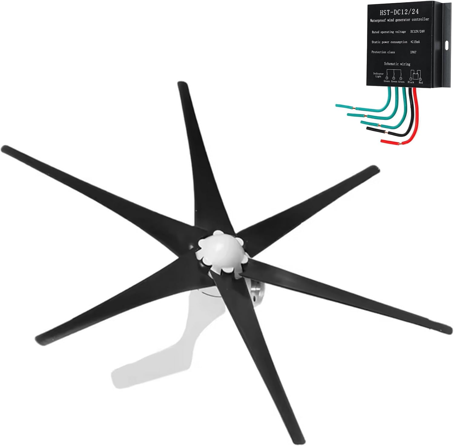 220v, 1500W Horizontal Home Wind Turbine Free Energy 12V 24V 48V 220V 5 Blades Wind Generator with MPPT Hybrid Controller for Marine Home Charging (Black 24V)