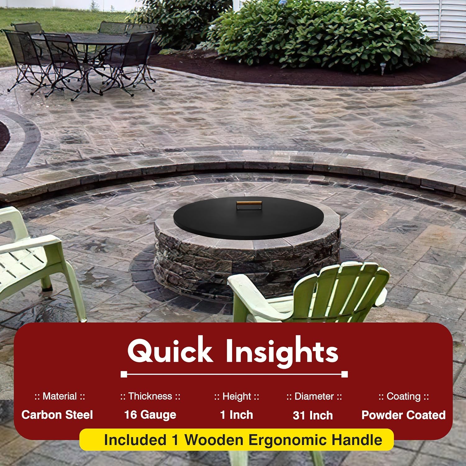 31” Fire Pit Cover Lid Round - Fit for 29 Round Fire Pit Lid for Outdoor Fireplace Cover Lid - Steel fire pit metal cover with Wooden Handle & Powder Coating Snuffer Lid for Patio Fire Pit Ring