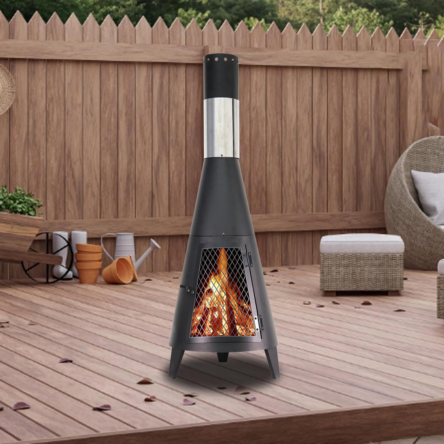 BDL Chiminea Outdoor Fireplace Outdoor Wood Burning Fire Pit Free Standing Fireplace with Log Grate, Mesh Screen for Patio, Backyard, Garden-Black