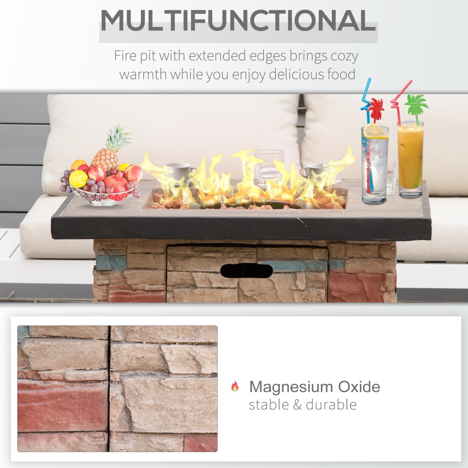 32 Inch Square Fire Pit Table - Rustic Stone Look, 50,000 BTU Auto-Ignition, Built-in Propane Tank Storage, Includes Lava Rocks & Cover