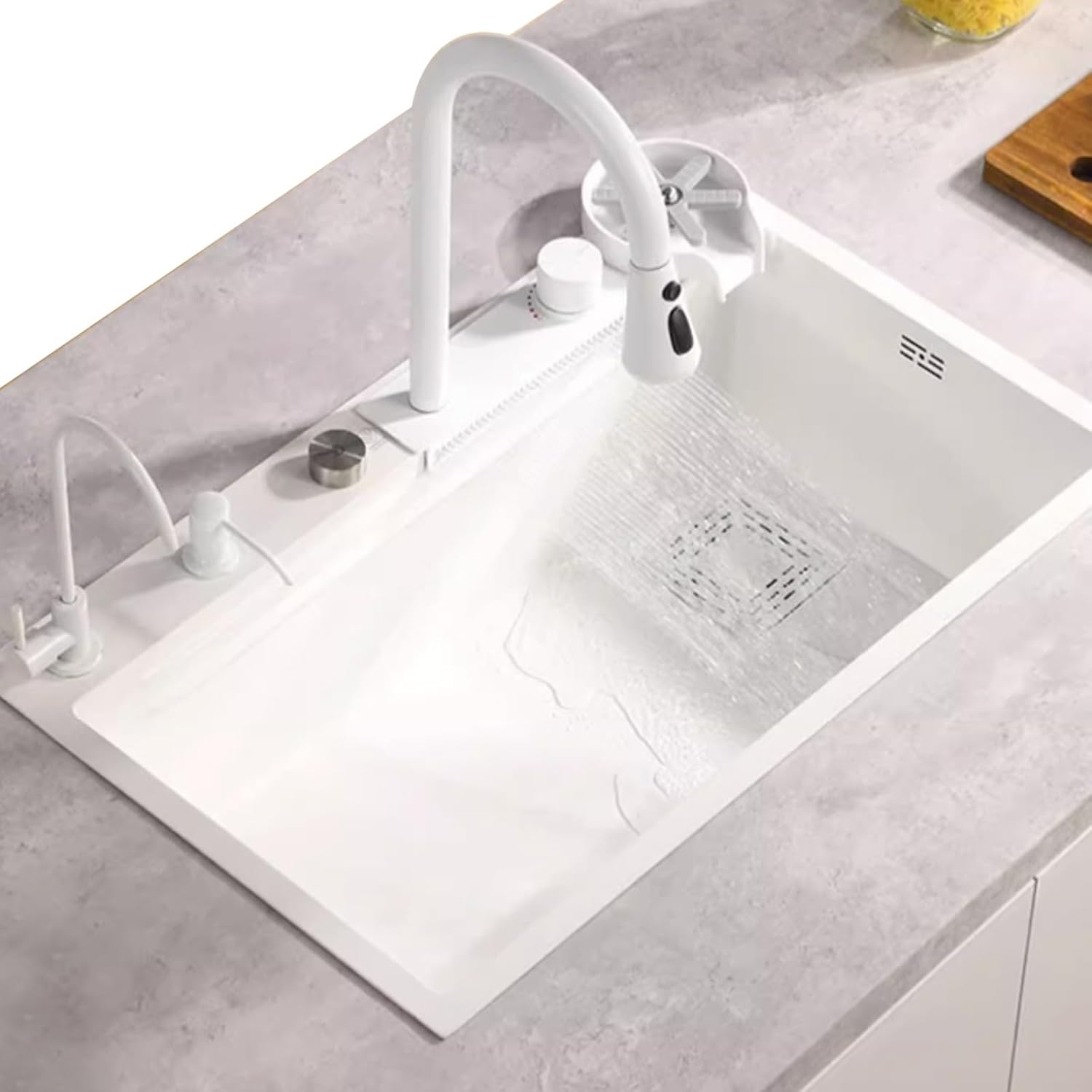 White Kiten Sink Stainless Steel Sink Large Single Bowl Sink White Waterfall Faucet Including Cup Washer Soap Dispenser and Other Accessories